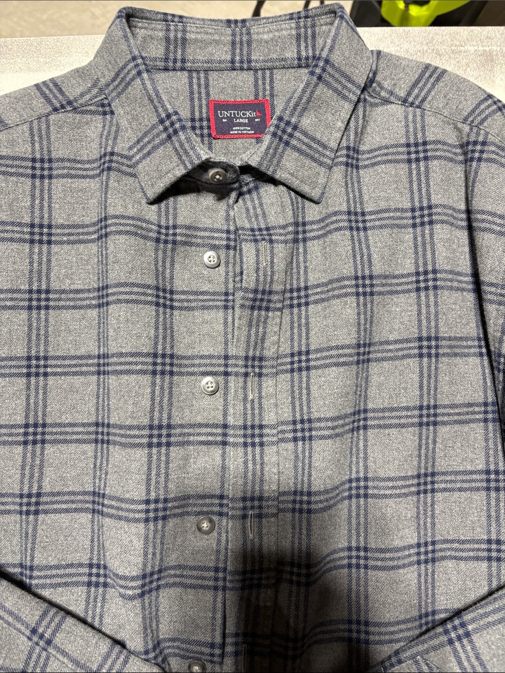 UNTUCKit Gray Shirt with Navy Windowpane Plaid